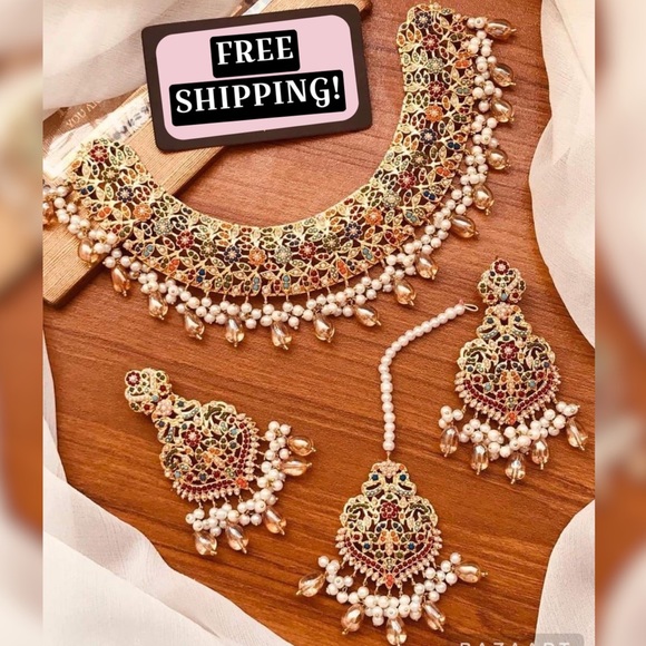 Nauratan Pearl Necklace, Earrings and Maang Tikka Set - Champagne - Picture 3 of 3